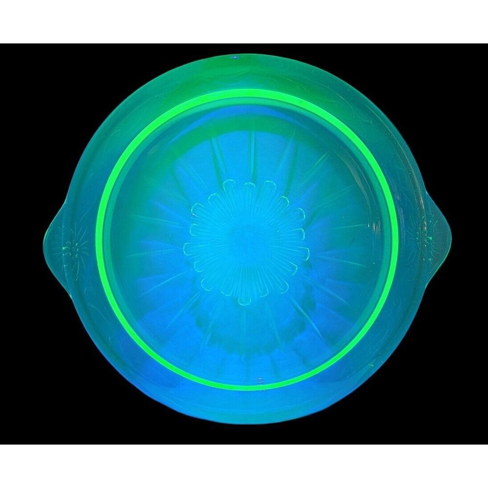 Uranium Glass Cake Plate~Raised Star Pattern w/delicate scrolls~10.75" w/handles